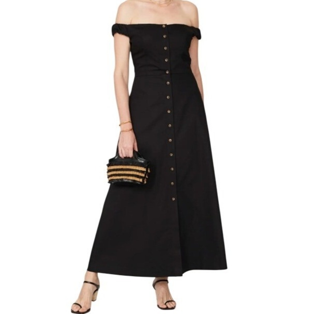 Favorite Daughter Black Off The Shoulder Button Down Midi Dress Size 8